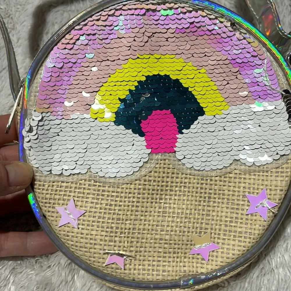 Aeropostale round purse rainbow clouds sequined adjustable strap cross body nwt